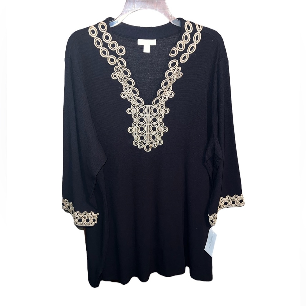 🆕 Charter Club Deep Black & Gold Tunic Long Sleeved Dress